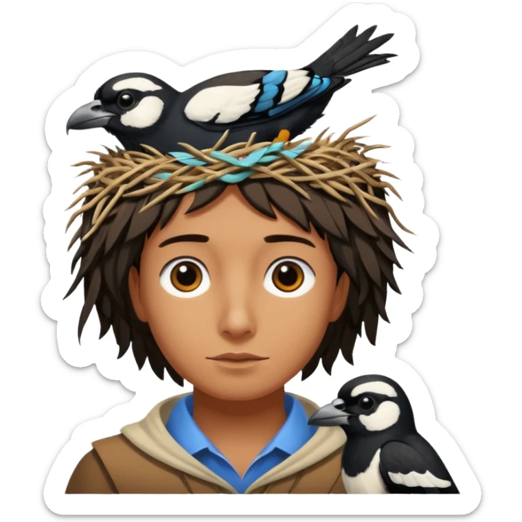 An Australian Magpie, birds nest that is located at the top of a man's head. sticker