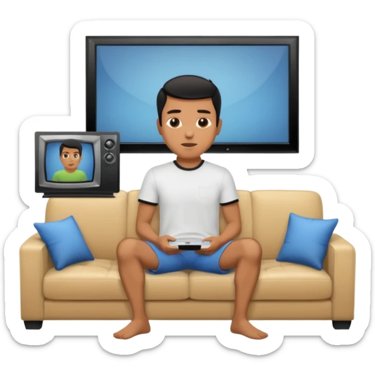 A man photographed from behind, sitting on a sofa and watching the news on TV on a modern flat screen. The setting is a living room. sticker