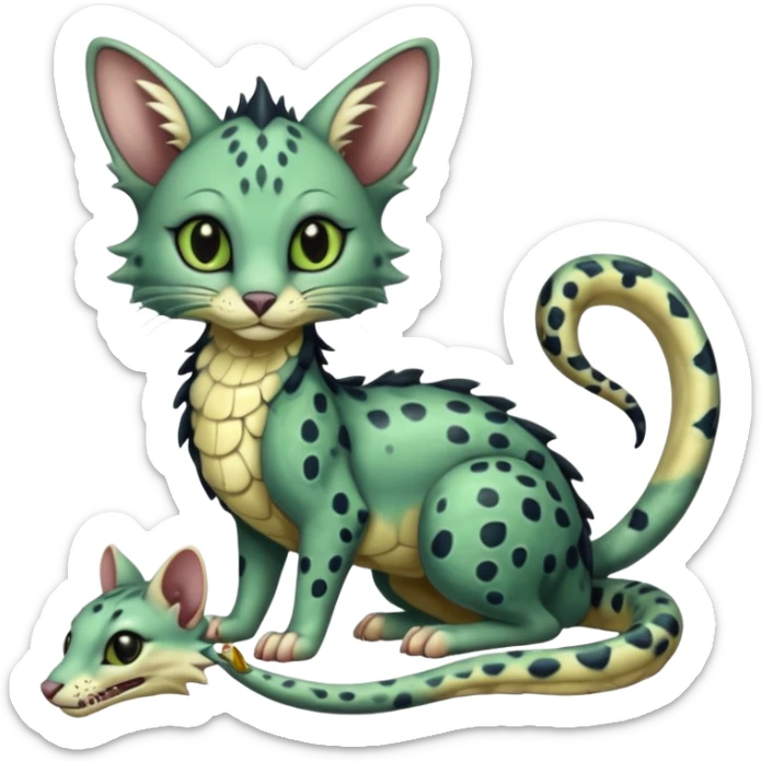 Realistic swampy greenish dark edgy spooky Flurry furry scary slimy oily glossy wet gloomy dusky scaly sergal-serval-possum-sphynx-Koi-sergal-fusion-animal-hybrid-creature with a snake-tail sticker