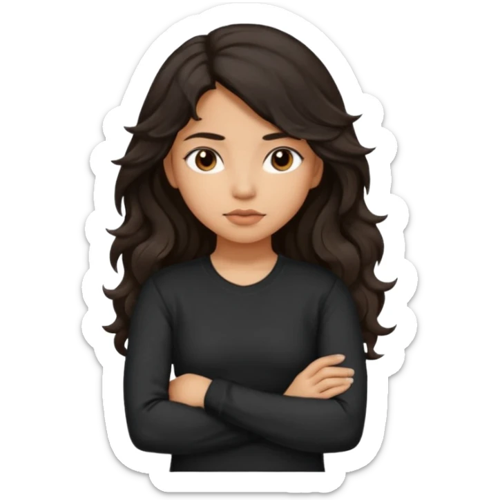 Hispanic girl with dark long wavy hair crossing her arms with slight pout wearing a black long sleeve shirt sticker