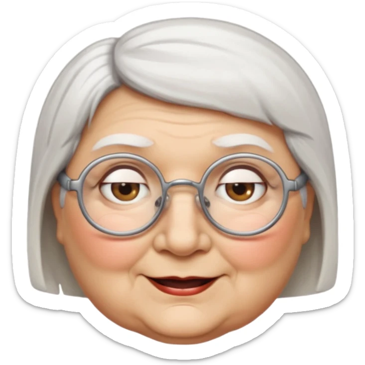 Create me emoji of an old fat lady. Short white hair to left side. Square glasses. Brown eyes. Rounded really big and really wide face. Wide nose.  sticker