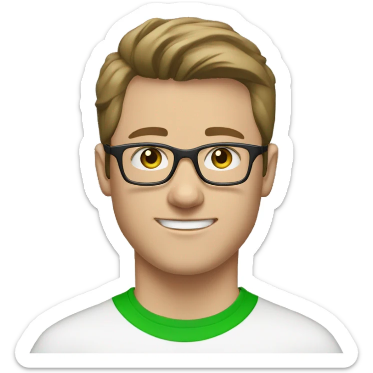 white young man with blue eyes and brown hair and square glasses wearing green t-shirt with headset sticker