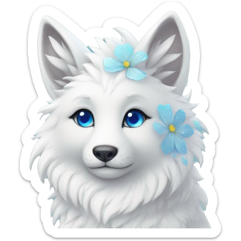 Anthro Cute Cool Kawaii gorgeous sparkly ethereal white fantasy animal creature with blue eyes furry sona with flowers beautiful aesthetic sticker