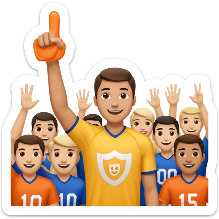 A cheerful man in a team jersey, waving a giant foam finger high with an excited grin. sticker