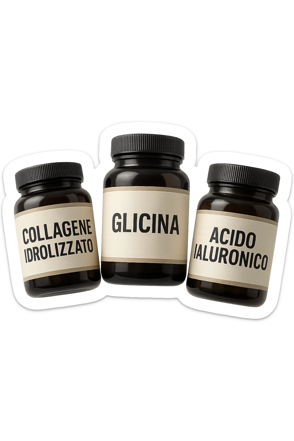 3 BARATTOLI DI INTEGRATORE CON LA SCRITTA: COLLAGENE IDROLIZZATO, GLICINA, ACIDO IALURONICO FLUTTUANO IN ARIA, IPERREALISTICA 4K sticker