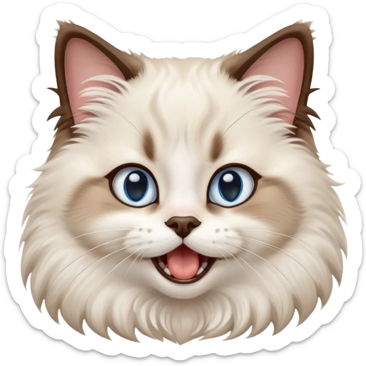 cinematic-adorable-big-eyed-fluffy-ragdoll-cat-portrait-emoji,-head-tilted-playfully-with-a-cute,-yawn,-white and brown fur,-simplified-yet-irresistibly-cute-features, blue eyes sticker