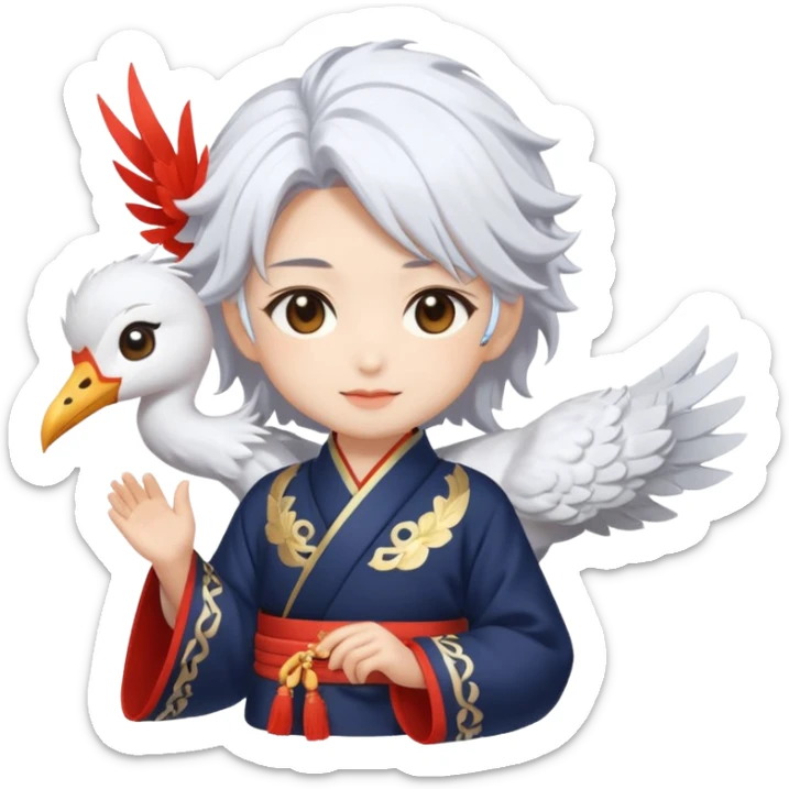 A cute chibi-style emoji of Xianyun (Cloud Retainer) from Genshin Impact, with her elegant crane-like features, fluffy white hair, and traditional Liyue attire. Add a playful or serene expression, maybe with a small cloud or mist effect around her to sticker