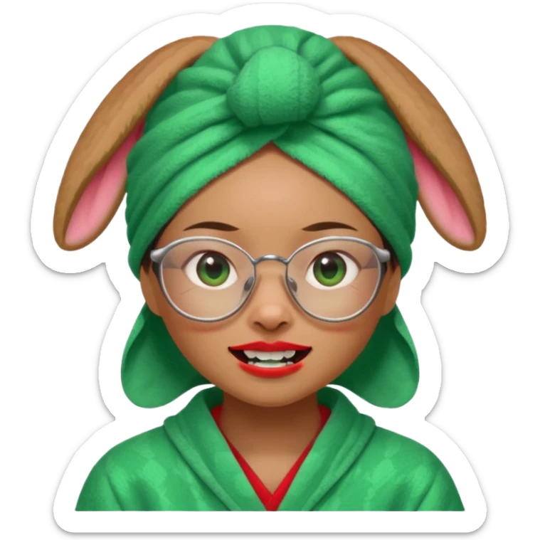 Asian woman who has a big rabbit front teeth wearing a green towel in her head with a broken glasses on her face in red pajamas sticker