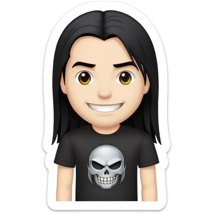 A heavy metal fan with long straight black hair, wearing a black heavy metal band t-shirt, with a smirky smile on face sticker