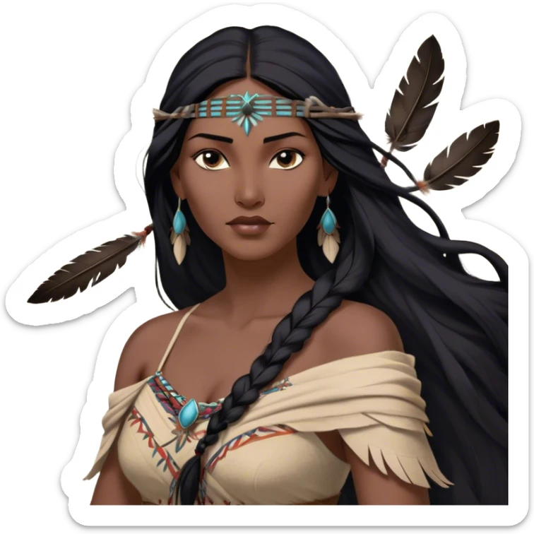 Cinematic Realistic Pocahontas Portrait, depicted with lifelike skin texture, soft natural lighting, and intricately detailed long, flowing raven-black hair that moves gracefully in the wind. Her deep, soulful dark brown eyes exude wisdom and strength, complemented by a serene yet powerful expression. She is dressed in her classic one-shoulder native american dress, with rich fabric textures and delicate beaded details that catch the light beautifully. The portrait features a soft, sun-kissed glow with a natural, radiant finish, capturing the essence of untamed beauty and deep connection to nature in a realistic and painterly style, evoking a sense of depth and authenticity. sticker