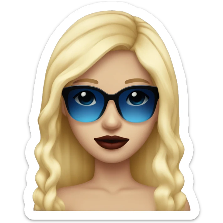 girl long blonde hair blue eyes black sunglasses that cover her eyes and cherry lipstick sticker