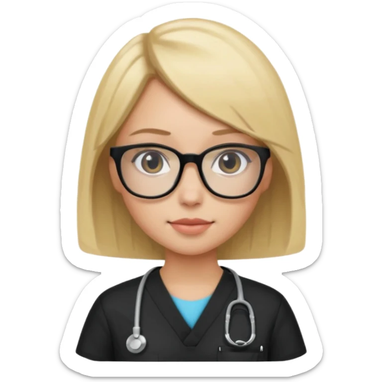 A girl in black scrubs with a blonde bob and glasses minus stethoscope  sticker