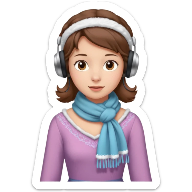 Victorian ice skater in a long dress. She is wearimg a scarf and earmuffs. She has brown hair. sticker