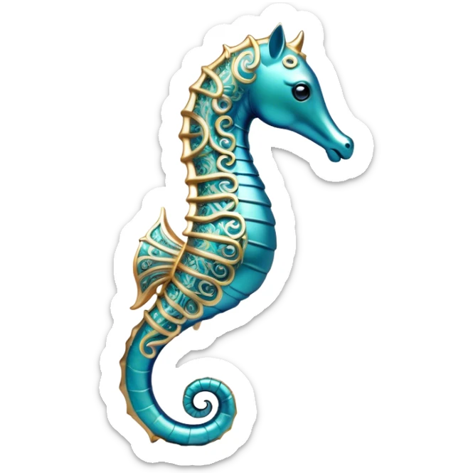 Cinematic Noble Sea Horse Portrait Emoji, Poised and elegant, with a delicate, upright body adorned with intricate, flowing patterns and a gracefully curled tail, with keen, expressive eyes, Simplified yet sharp and sophisticated features, highly detailed, glowing with a soft, aquatic luminescence, high shine, intelligent and refined, stylized with an air of ethereal marine grace, focused and poised, soft glowing outline, capturing the essence of a watchful and confident sea guardian that appears ready to drift out of the screen with effortless authority! sticker
