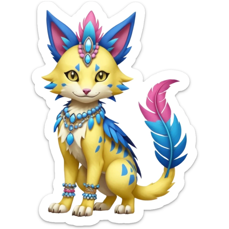 Kawaii cute yellow, blue, pink, exotic tribal beautiful pretty elegant divine edgy feline-vernid-sergal-Fakémon-Pokémon-Digimon-fursona-animal-creature with bracelet, necklace, full body, with intricate detailed markings, feather headdress  sticker