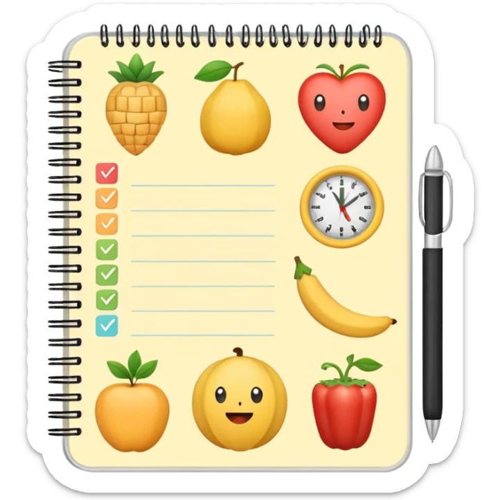 Emoji of checklist notebook with healthy food icons, nutrition planning, flat minimal emoji, pastel colors sticker