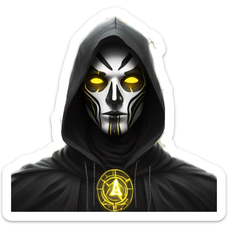 A digital painting of a SPECTRE, cyberpunk man with glowing yellow eyes and black and white face paint, wearing a dark hooded cloak, portrait, intricate details, silver ornate circular frame sticker