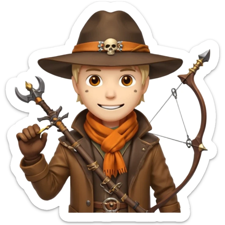 male human monster hunter emoji, wearing brown leather coat and wide hat, holding crossbow or rifle, with amulet shaped like skull, Halloween fantasy theme, confident smile, orange scarf, Apple emoji style, clean white background, square image sticker