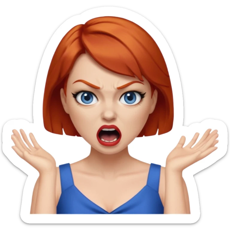 mujer pelirroja con los ojos y los labios maquillados enojada gritando con vestido azul pelo corto sticker