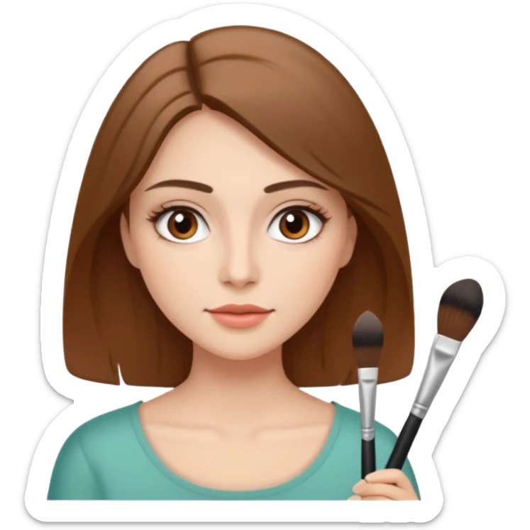 Chicha rubia de ojos café con cabello abajo de hombro haciéndose un maquillaje natural con una brocha en la mano de maquillaje  sticker