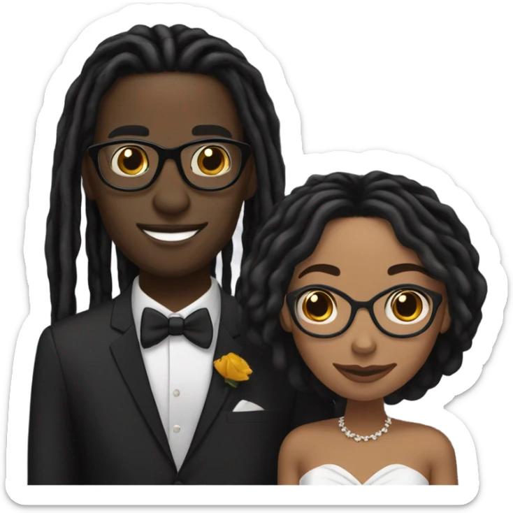 black couple light skin male with long black locs, dark skin female with glasses with black locs wedding sticker