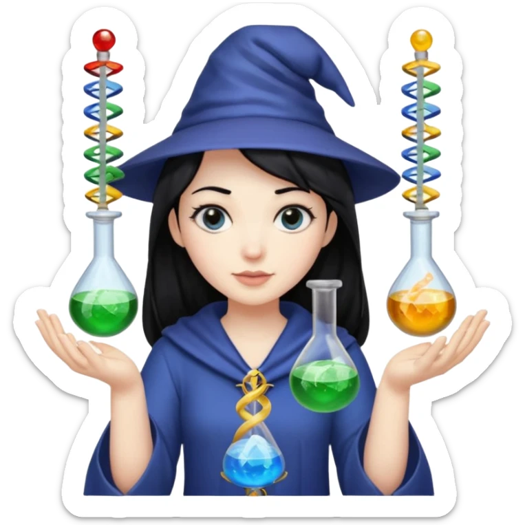 Female wizard with black hair holding a double helix DNA one hand and a methyl group in the other sticker