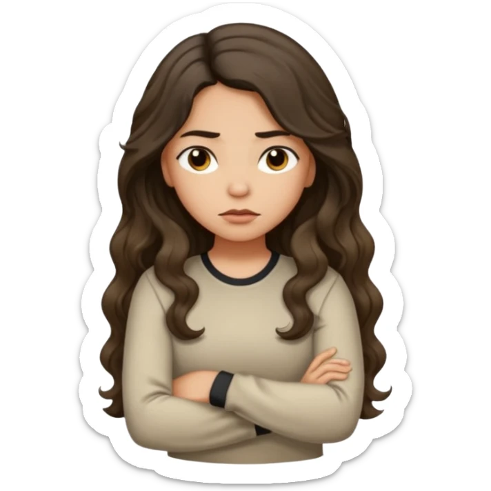 Hispanic light tan girl with long dark wavy hair with arms folded and pouting. Wearing a long sleeve. Hair with middle part. sticker