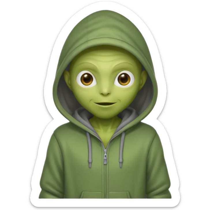green alien in gray hoodie full height, wear hoodie hat, happy sticker