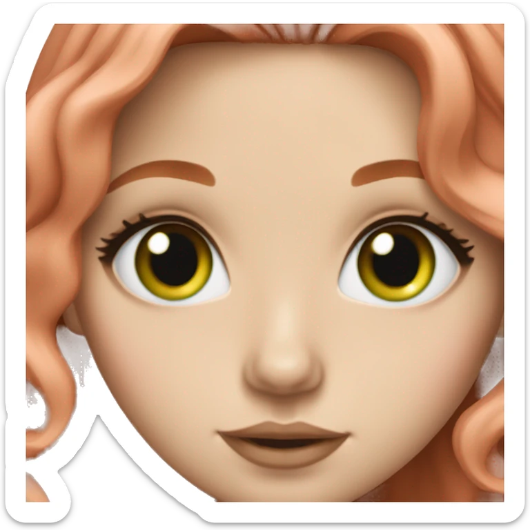 white girl with long wavy light red hair and green eyes, lashes, pink lipstick sticker