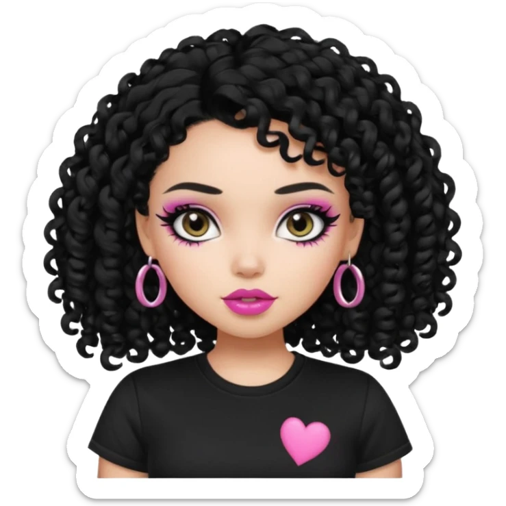a pretty bratz girl with curly black hair, eyeliner, wearing a black tshirt sticker