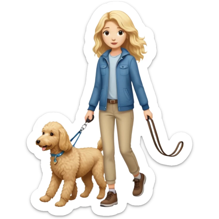 girl with long blonde hair with casual outfit walking a goldendoodle on a leash sticker