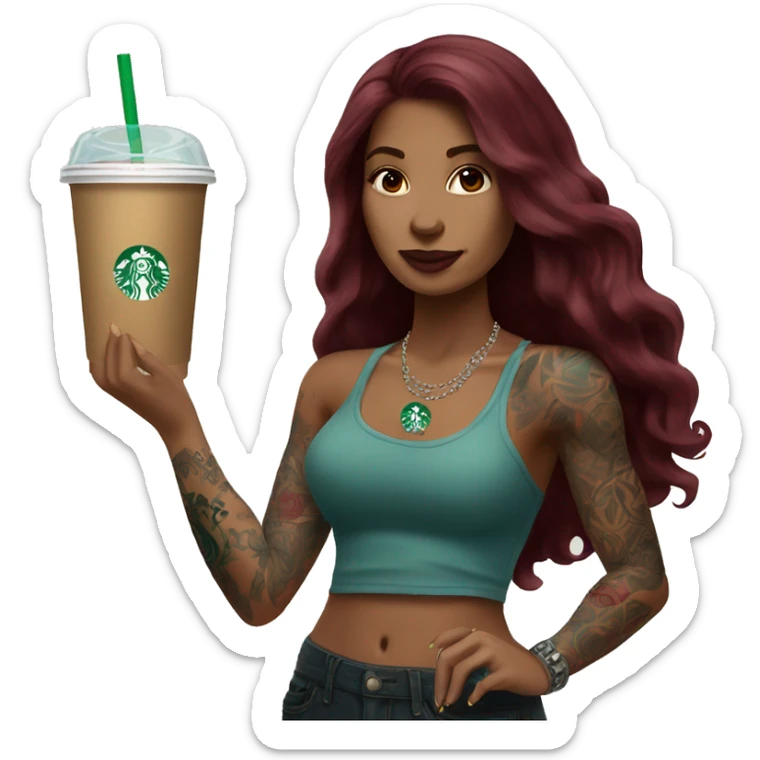 Beautiful tattooed  burgundy long haired woman holding a Starbucks drink sticker