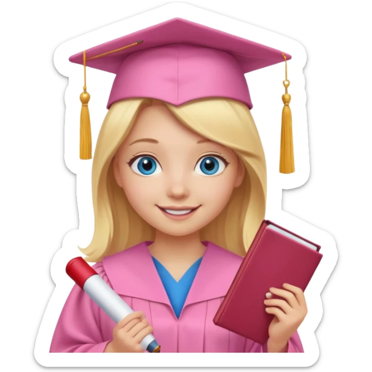 blonde girl with blue eyes in a pink graduation cap and gown, smiling, holding diploma sticker