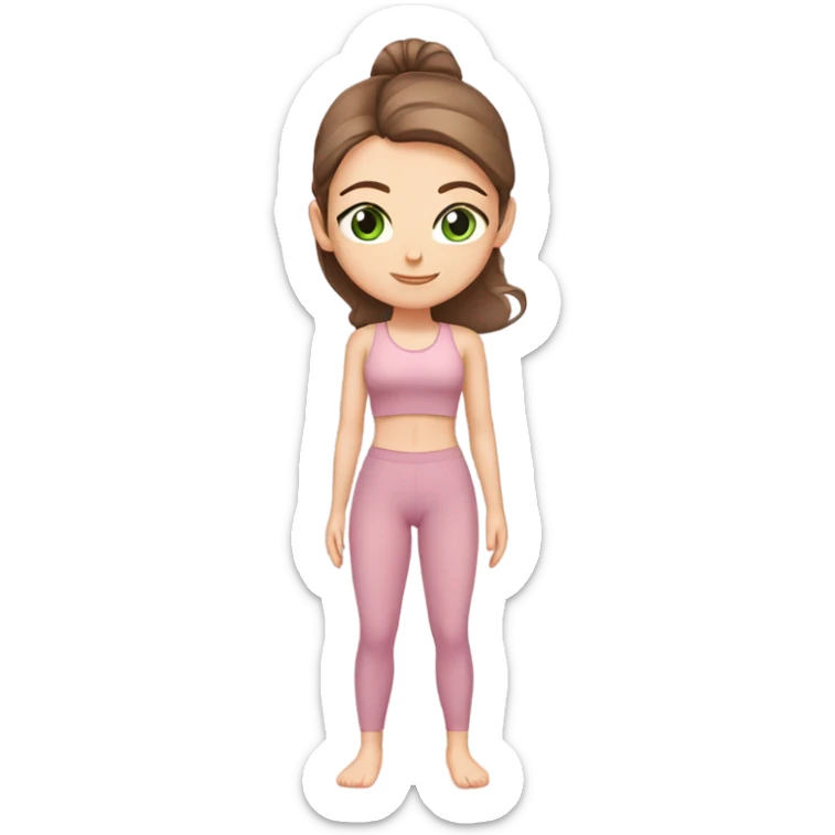 White girl with brown hair green eyes in light pink workout set on yoga mat sticker