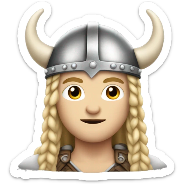 viking with long blonde hair and braids, white skin, wearing helmet with horns sticker