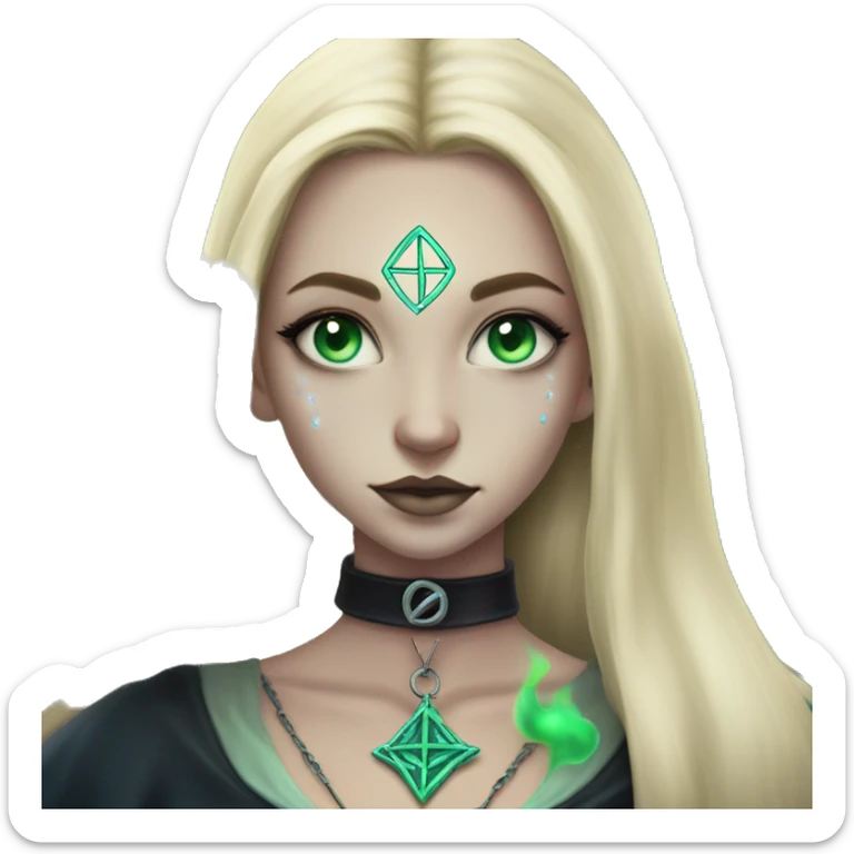 blonde witch girl with green eyes and straight hair with a birthmark above her upper lip wearing a pendative with a pentacle with a small blue stone inside doing tarot spread  sticker
