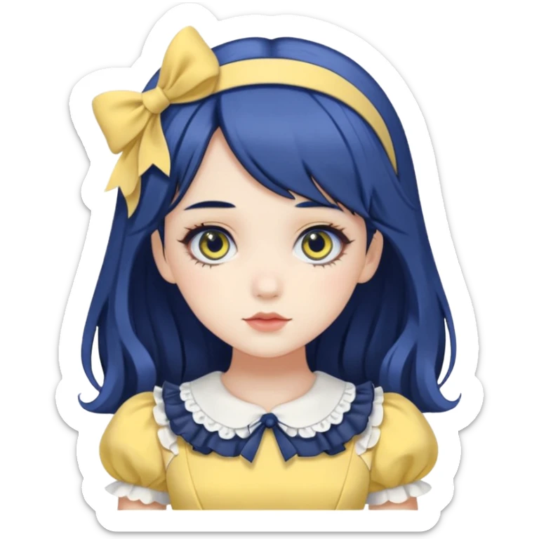 sweet lolita with dark blue hair, gray eyes, white skin, wearing a yellow dress sticker