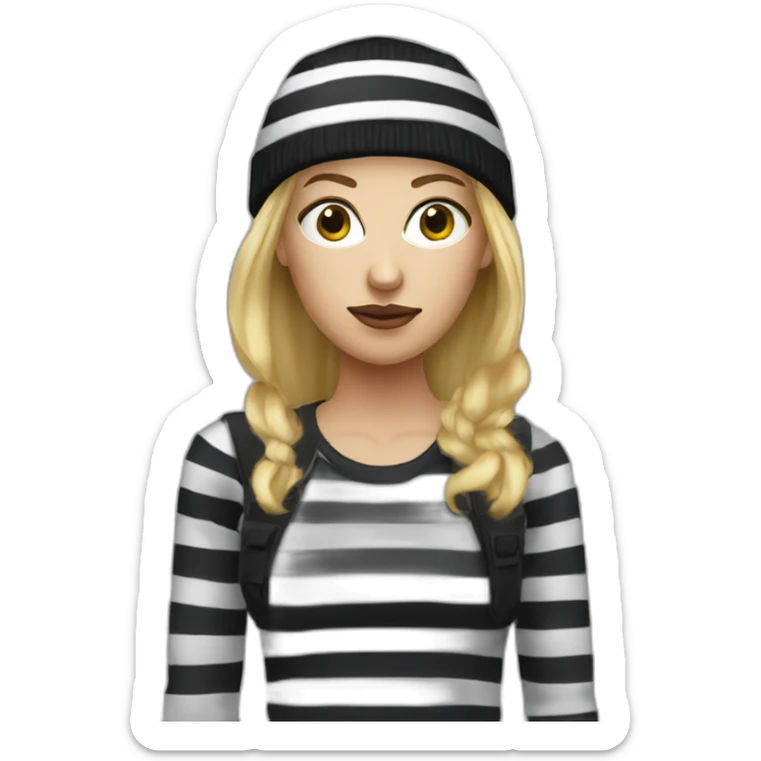 bank robber blonde woman with black beanie hat eye mask and striped shirt sticker