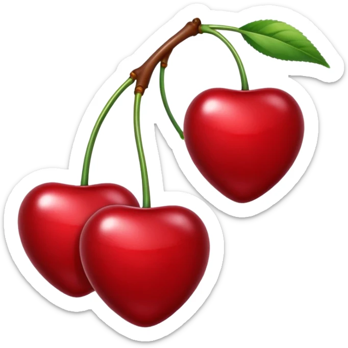 A pair of cherries emoji made of polished silver chrome, smooth rounded shapes, glossy metallic finish, soft highlights and reflections, cute proportions, iOS emoji style, centered, clean white background, no text sticker
