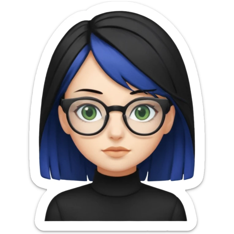 A girl with black-blue hair, square glasses and dark green eyes, wearing black clothes  sticker