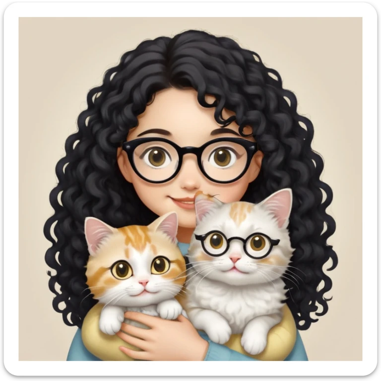A girl with a round face and warm yellow-toned skin, sporting long black curly hair and large eyes accentuated by black thin-framed square-round glasses, smiles softly while holding a grayish-white Munchkin cat with short legs. The cat features a distinctive gray spot just below its mouth.  sticker