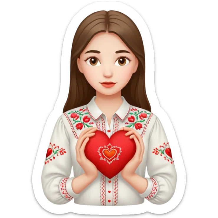 beautiful young girl in a white Ukrainian embroidered shirt clutching a large embroidered heart sticker