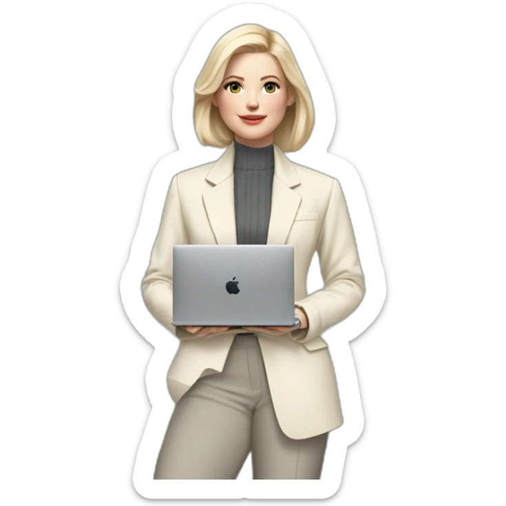 pale skin woman with ash blonde Straightened bob Hair, White Spacious classical jacket, beige palazzo Arrow pants and gray blouse holding a MacBook in the hands sticker
