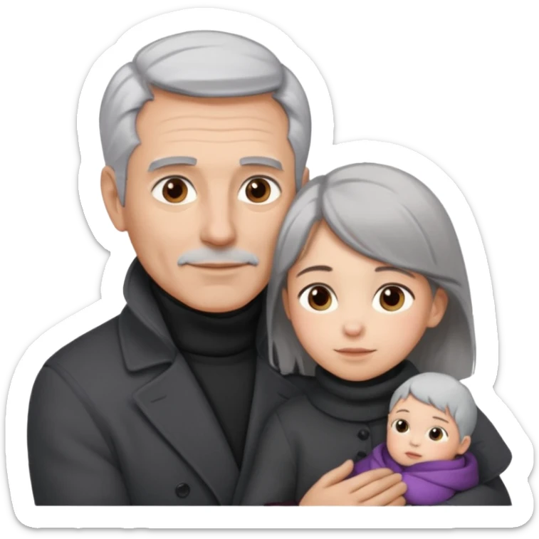 A father with silver-grey hair styled neatly and a clean-shaven face, wearing a dark turtleneck and wool coat, holding his girl child gently.  sticker