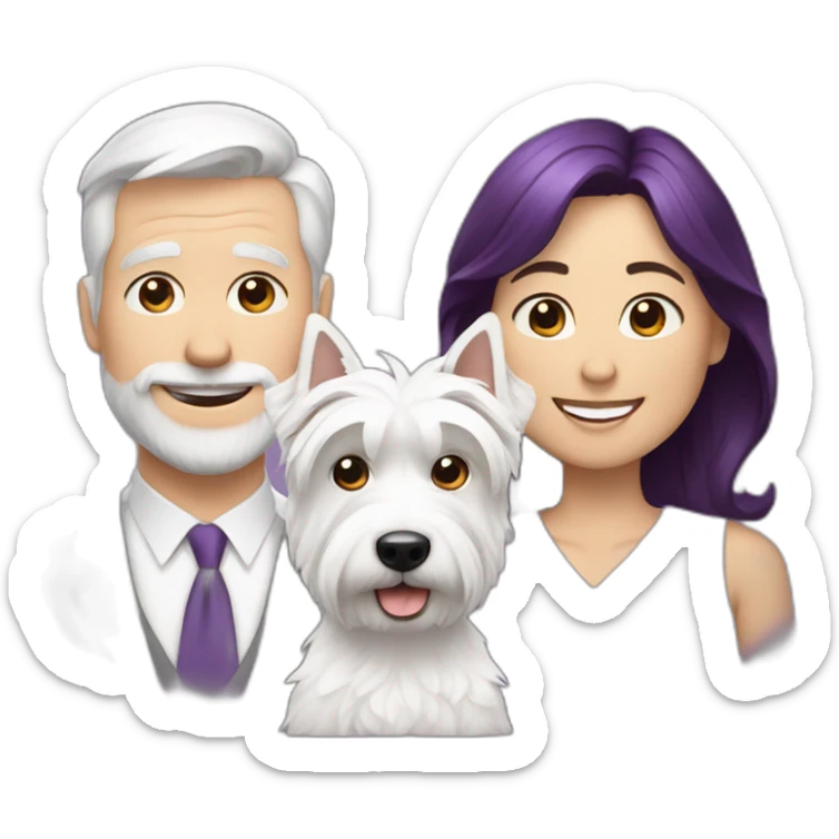a family consisting of 1 white man with dark brown hair, 1 white woman with purple hair and 1 happy west highland white terrier sticker