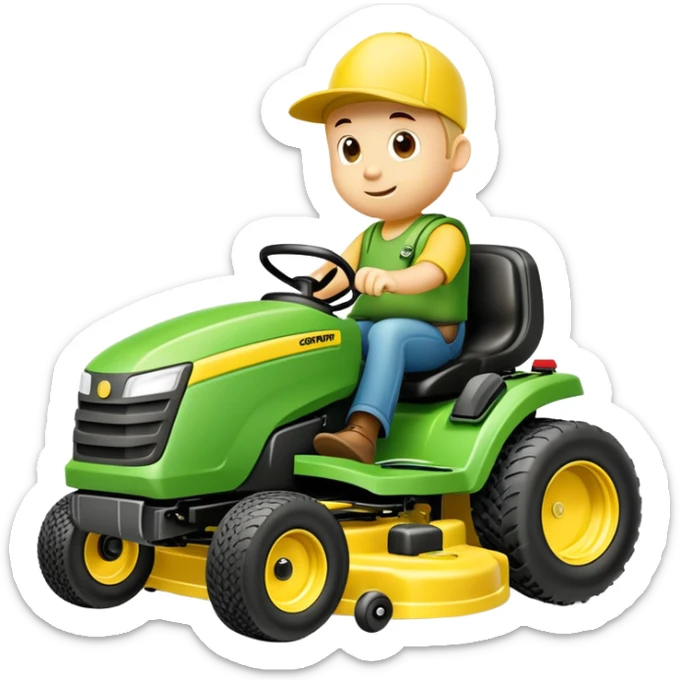 Lawn mowing mascot named grassy gus a green guy (not a human) on a completely yellow zero-turn ride on mower sticker
