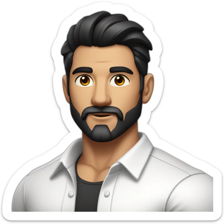 close up of white skin indian in plain white shirt with sleeve up and quiff black hair style and beard and muscle body sticker