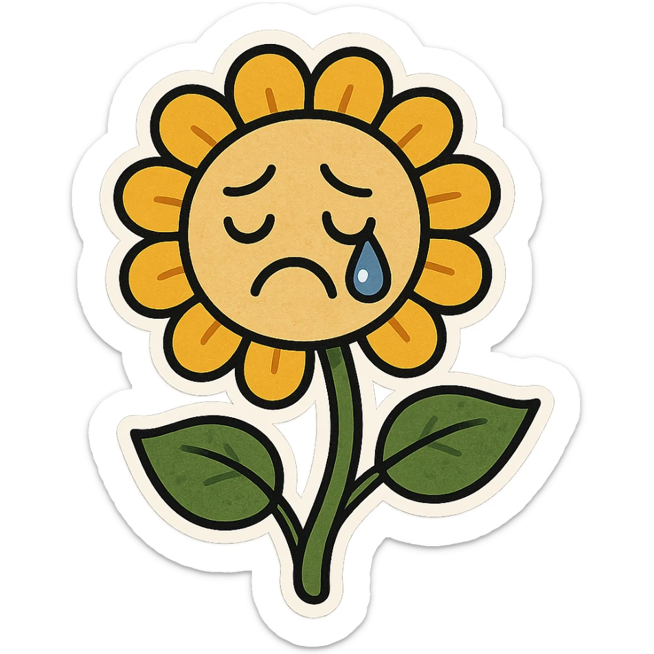 Make the sad flower have a teardrop in the style of cartoonish stickers sticker