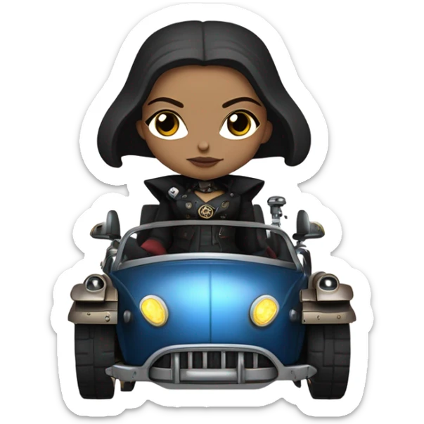 Jedi bounty hunter Wednesday Addams racing sitting in a modern blue,red and pewter steampunk electric luxury sticker