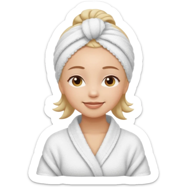 cute girl with her eyes closed and smiling, wearing a spa towel as her clothes in she has a spa towel on her hair sticker